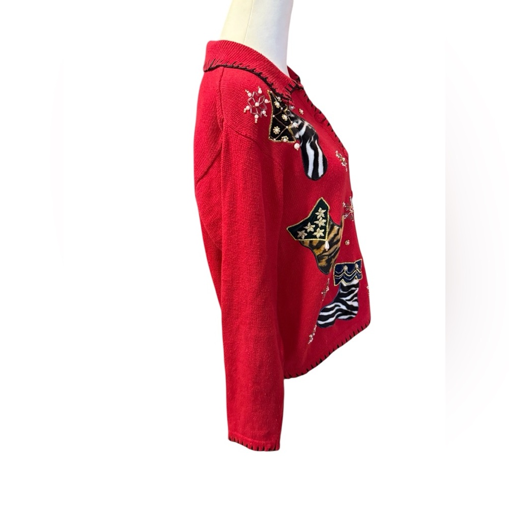 Vintage Nutcracker Christmas Cardigan Sweater Red Animal Print Stockings medium - Picture 9 of 16